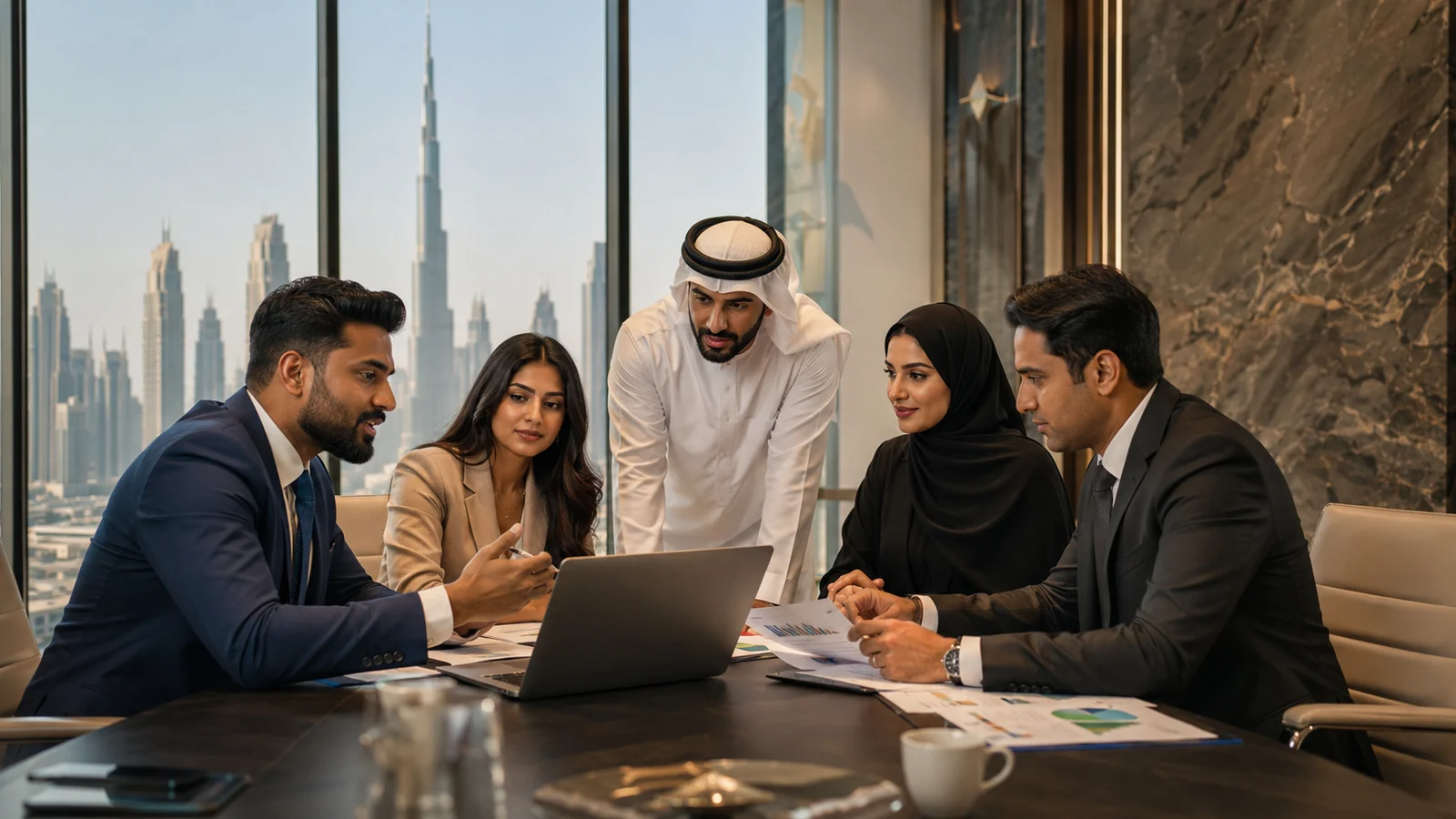 Indian and Gulf business professionals discussing commercial growth