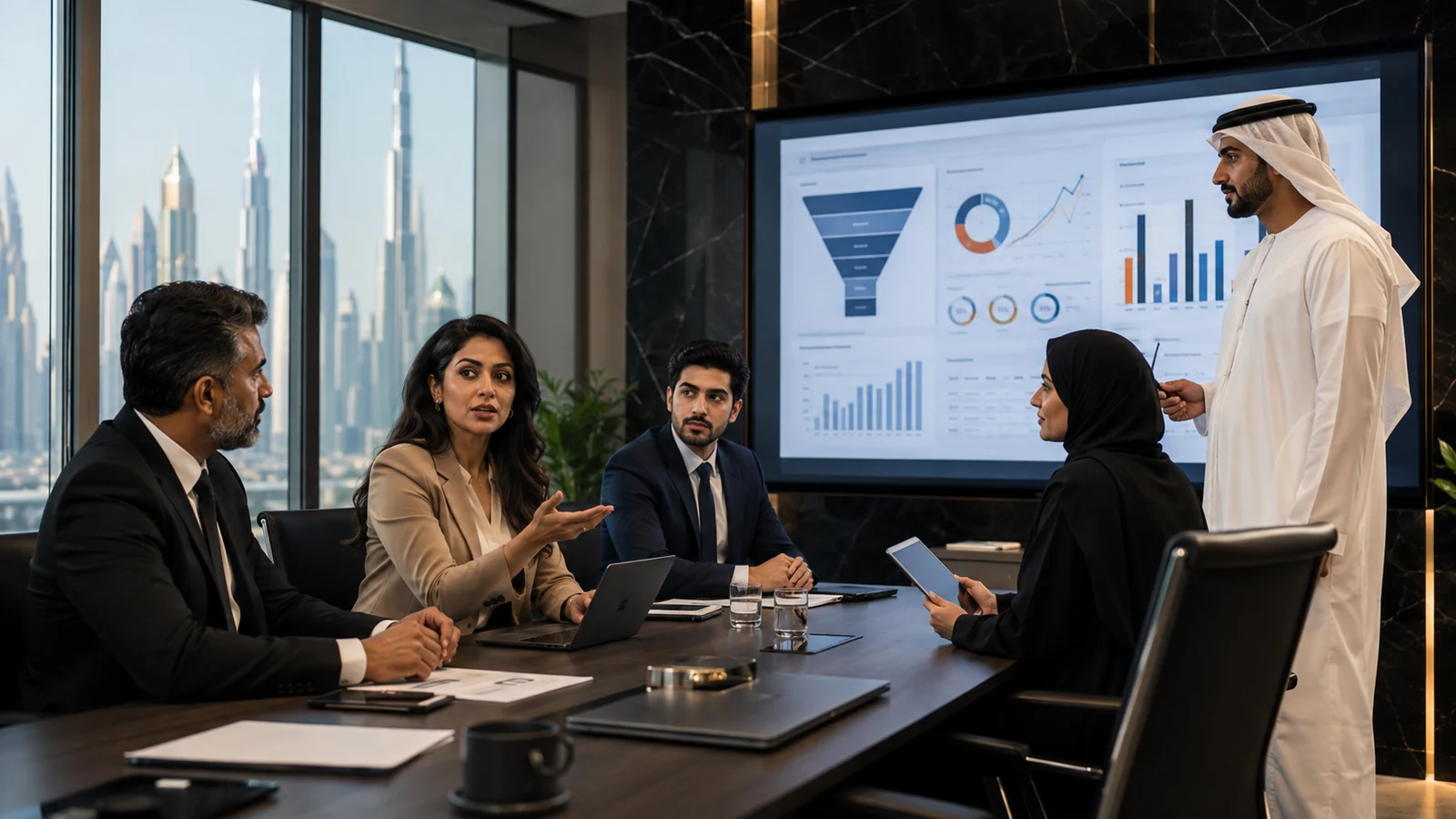 Business team reviewing a sales pipeline and growth dashboard